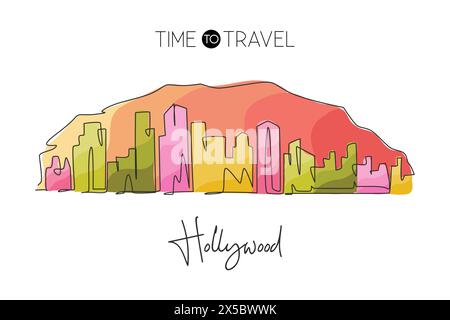 Dessin en ligne continue unique de la skyline d'Hollywood, Los Angeles. Célèbre paysage de grattoir de ville. Concept d'impression d'affiche d'art de décoration murale de voyage du monde Illustration de Vecteur
