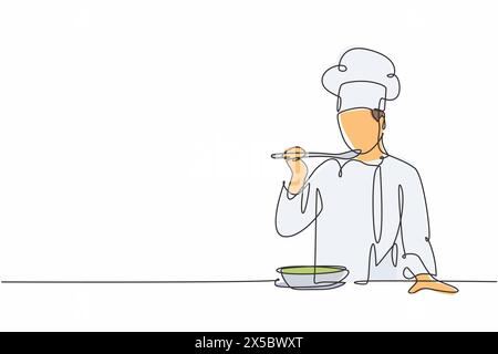 Un dessin en ligne continue de la dégustation d'un jeune chef masculin et du curry souriant avec cuillère en bois. Préparation d'aliments sains sur la cuisine commerciale Illustration de Vecteur