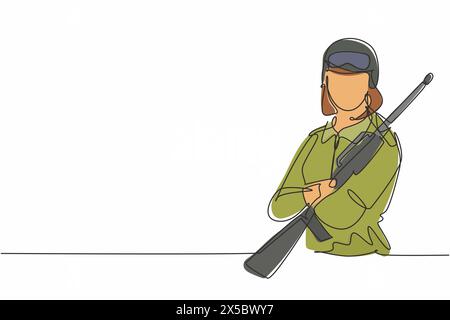 Dessin continu d'une ligne d'une jeune femme soldat portant une arme pose les bras croisés sur la poitrine. Concept minimaliste de profession professionnelle. L unique Illustration de Vecteur