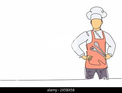 Dessin continu d'une ligne de jeune chef masculin posant et tenant une cuillère et une fourchette avant la cuisson. Concept minimaliste de profession professionnelle. Singl Illustration de Vecteur