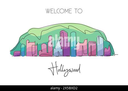 Un dessin au trait continu de l'horizon de la ville d'Hollywood, Los Angeles. Magnifique point de repère. Paysage mondial tourisme voyage maison décoration murale impression affiche. S Illustration de Vecteur