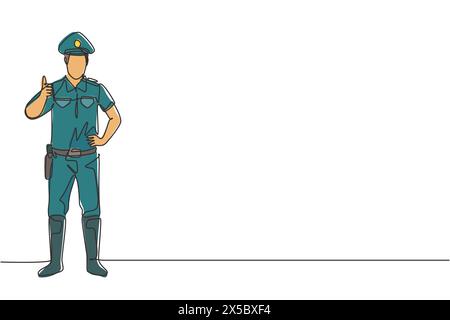 Une ligne continue dessinant un policier debout avec un geste de pouce vers le haut et en plein uniforme travaille pour contrôler la circulation des véhicules sur l'autoroute. Li. Simple Illustration de Vecteur