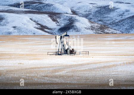 Le cric de pompe de puits de pétrole est dormant sur un champ de blé pendant l'hiver dans les Prairies de l'Alberta. Banque D'Images