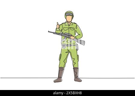 Une ligne continue dessinant des soldats se tiennent debout avec des armes, des uniformes complets, et des gestes de pouce levé servant le pays avec la force des forces militaires. S Illustration de Vecteur