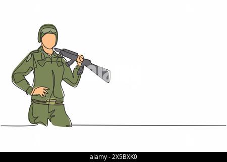 Simple dessin d'une ligne d'une jeune femme soldat courageuse posant avec les mains sur la hanche. Profession professionnelle de travail et concept minimal d'occupation. Continuou Illustration de Vecteur