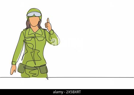 Une seule ligne continue dessinant des soldats femmes avec des lunettes, des uniformes complets, des gestes de pouce levé sont prêts à défendre le pays sur le champ de bataille. Dynamique o Illustration de Vecteur