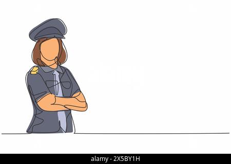 Simple dessin d'une ligne de jeune pilote femme de beauté dans le bras transversal uniforme sur la poitrine. Profession professionnelle de travail et concept minimal d'occupation. Conti Illustration de Vecteur