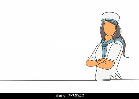 Simple dessin d'une ligne de jeune femme marin avec bras transversal uniforme sur la poitrine. Profession professionnelle de travail et concept minimal d'occupation. Continuou Illustration de Vecteur