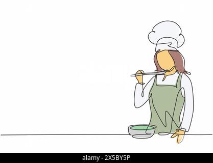 Un dessin au trait continu d'une jeune femme chef dégustant et sentant le curry de soupe avec une cuillère en bois. Préparation d'aliments sains sur cuisine commerciale Illustration de Vecteur
