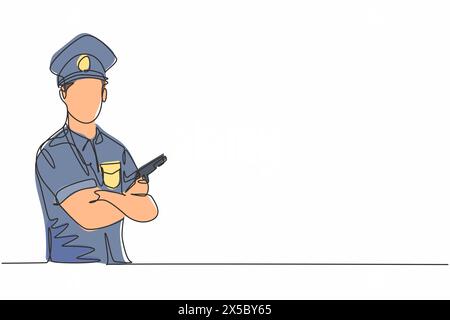 Dessin en ligne continue d'un jeune policier posant le bras croisé sur la poitrine tout en tenant une arme à feu. Profession professionnelle. Concept de minimalisme o Illustration de Vecteur