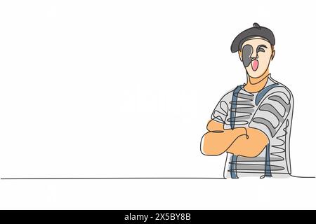 Simple dessin d'une ligne de jeune artiste de mime masculin avec chemise dépouillée pose bras croisé sur la poitrine. Concept minimal de travail professionnel et d'occupation. Conti Illustration de Vecteur