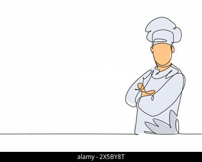Simple dessin d'une ligne de jeune homme attrayant chef posant debout élégamment avec le bras croisé sur la poitrine. Excellent service de restaurant de l'hôtel branché un l Illustration de Vecteur