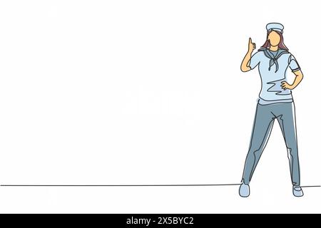 Dessin simple d'une ligne de femme de marin se tient avec un geste de pouce vers le haut pour faire partie d'un navire de croisière transportant des passagers voyageant à travers les mers. Continue Illustration de Vecteur