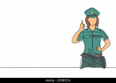 Une seule ligne continue dessinant la policière avec un geste pouce vers le haut et en uniforme complet est prêt à appliquer la discipline de la circulation sur l'autoroute. Un Illustration de Vecteur