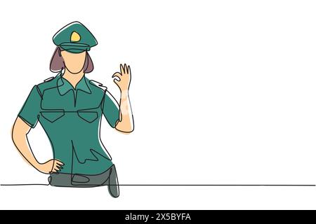 Une seule ligne continue dessinant policier avec geste correct et uniforme complet prêt à appliquer la discipline de la circulation sur l'autoroute. Patrouille de réserve. Dynamique Illustration de Vecteur