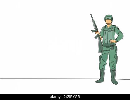 Dessin en ligne continue unique d'une pose de jeune soldat masculin debout et tenant une arme de tireur d'élite. Profession professionnelle. Minimalisme concept un Illustration de Vecteur