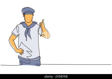 Une seule ligne continue dessinant un marin avec un geste de pouce levé prêt à naviguer à travers les mers dans un navire qui est dirigé par un capitaine. Dynamic One Illustration de Vecteur
