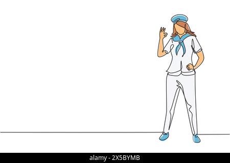 Continue d'une ligne dessinant la femme marin se tient avec le geste correct et l'écharpe autour de son cou rejoindre le navire de croisière transportant des passagers voyageant en mer. Singl Illustration de Vecteur