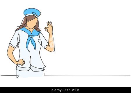 Simple une ligne dessin marin femme avec geste OK et foulard autour de son cou prêt à naviguer à travers les mers dans un navire dirigé par capitaine. Continu moderne Illustration de Vecteur