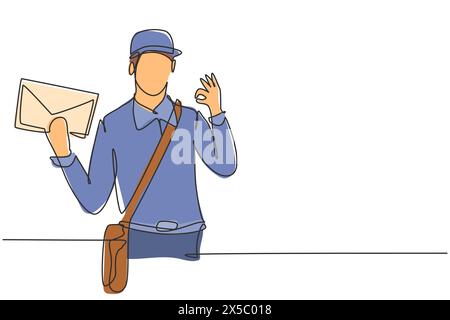 Un facteur de dessin continu d'une ligne portant un chapeau, un sac à bandoulière et un uniforme avec un geste correct tient l'enveloppe à livrer à l'adresse de la maison. Travail réussi. Si Illustration de Vecteur