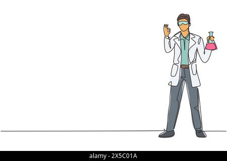 Dessin simple d'une ligne de stands scientifiques avec un geste correct et tenant le tube de mesure rempli de liquide chimique. Succès commercial. Continue moderne Illustration de Vecteur