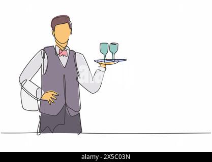 Simple dessin d'une ligne de jeune garçon tenant un plateau en métal avec verre pour servir. Profession professionnelle de travail et concept minimal d'occupation. Conti Illustration de Vecteur