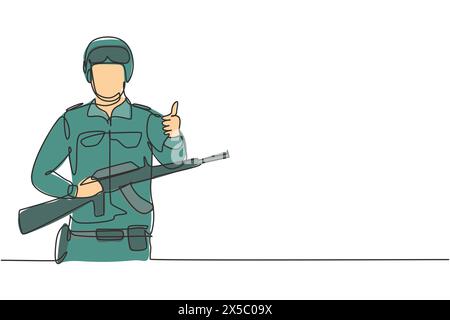 Une ligne continue dessinant des soldats avec des armes, des uniformes complets, des gestes de pouce levé sont prêts à défendre le pays sur le champ de bataille contre l'ennemi. Péché Illustration de Vecteur