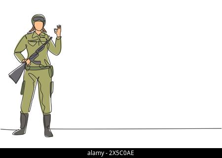 Continu d'une ligne dessinant des soldats féminins se tient avec l'arme, l'uniforme complet, et le geste OK servant le pays avec la force des forces militaires. S Illustration de Vecteur