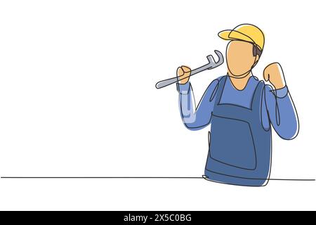 Plombier de dessin de ligne continue simple avec geste de célébration prêt à travailler sur la réparation des fuites de drain dans l'évier et les drains de la maison. Travail réussi. Dynami Illustration de Vecteur