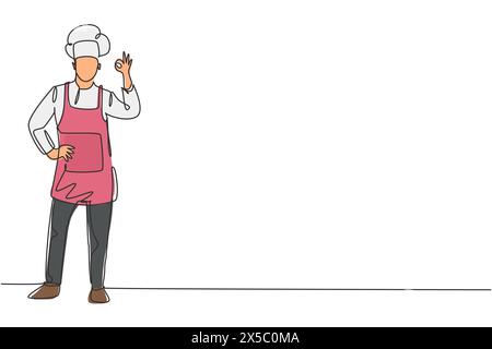 Un seul chef de dessin d'une ligne se tient avec le geste correct et porter l'uniforme de cuisine prépare les ingrédients pour cuisiner les meilleurs plats. Travail réussi. conti moderne Illustration de Vecteur