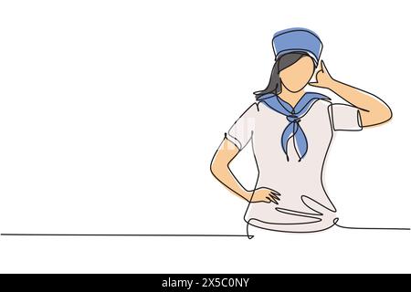 Une seule ligne continue dessinant une femme de marin avec Call me geste et foulard autour de son cou prêt à naviguer à travers les mers dans un navire dirigé par le capitaine. Dynamique Illustration de Vecteur