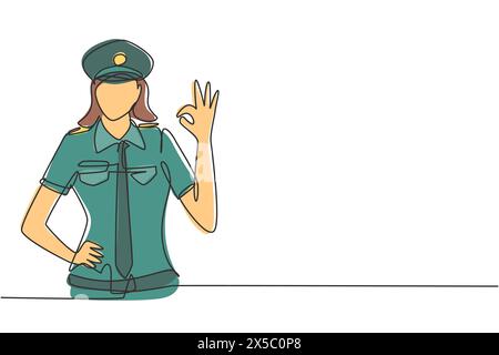 Une seule ligne continue dessinant pilote femme avec geste correct et uniforme prêt à voler avec équipage de cabine dans un avion à l'aéroport international. Dynamique o Illustration de Vecteur