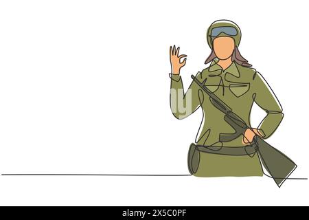 Ligne continue unique dessinant des soldats féminins avec arme, uniforme, geste OK est prêt à défendre le pays sur le champ de bataille contre l'ennemi. Dynamique Illustration de Vecteur