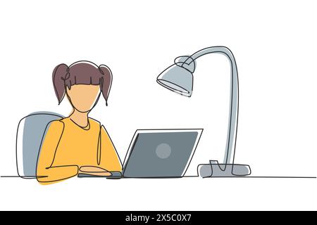 Fille de dessin de ligne continue simple étudiant avec ordinateur portable et lampe d'étude assis sur la chaise autour du bureau. Retour à l'école, concept d'éducation en ligne. Dynami Illustration de Vecteur