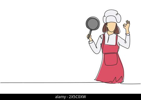 Une ligne continue dessinant chef féminin avec des gestes OK, tenant la casserole et portant le tablier est prêt à cuisiner des repas pour les invités dans des restaurants célèbres. Péché Illustration de Vecteur