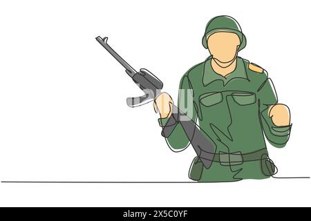 Continu une ligne dessinant soldat avec arme, uniforme complet, et geste de célébration est prêt à défendre le pays sur le champ de bataille contre l'ennemi. Chantez Illustration de Vecteur