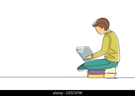 Ligne continue unique dessinant jeune homme étudiant avec un ordinateur portable et assis sur une pile de livres. Retour à l'école, étudiant intelligent, éducation en ligne. Activé Illustration de Vecteur