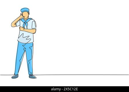 Continue d'une ligne dessin marin homme se tient avec Call me geste et foulard autour du cou rejoindre bateau de croisière transportant des passagers voyageant à travers les mers. S Illustration de Vecteur