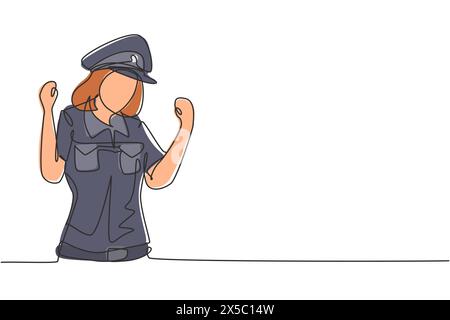 Une ligne continue dessinant policewoman avec le geste de célébration et l'uniforme complet est prêt à appliquer la discipline de la circulation sur l'autoroute. Patrouille de réserve. Péché Illustration de Vecteur