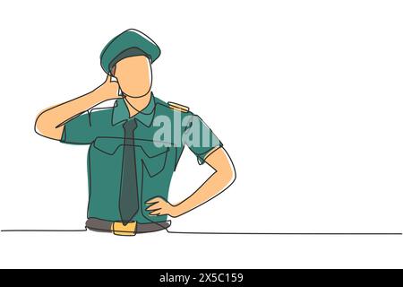 Pilote de dessin continu d'une ligne avec Call me geste et uniforme complet prêt à voler avec l'équipage de cabine dans l'avion à l'aéroport. Personne professionnelle. Chantez Illustration de Vecteur