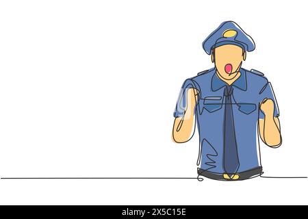 Pilote de dessin de ligne continue unique avec geste de célébration et uniforme complet prêt à voler avec le personnel de cabine dans l'avion à l'aéroport international. Dynami Illustration de Vecteur