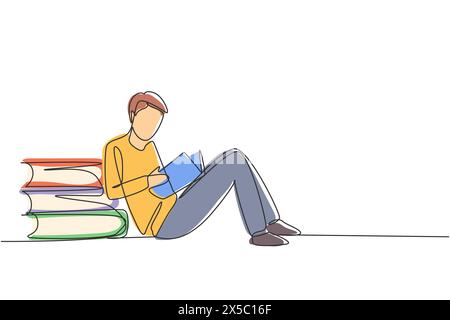 Simple une ligne dessinant jeune homme lisant, apprenant et dossier sur de grands livres. Étudiez dans la bibliothèque. Fans de littérature, concept d'éducation. Continu moderne Illustration de Vecteur