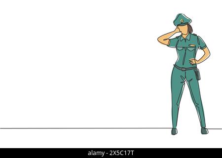 Une seule ligne dessinant une femme de police debout avec le geste appelez-moi et l'uniforme complet travaille pour contrôler la circulation des véhicules sur l'autoroute. Patrouille de réserve. Contin Illustration de Vecteur