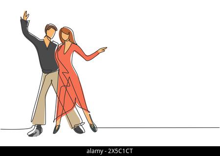 Simple une ligne dessinant homme et femme danseur professionnel couple dansant tango, valse danse sur concours de danse dancefloor. Fête nocturne. Contin moderne Illustration de Vecteur