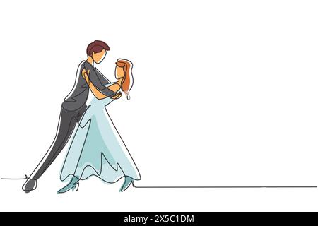 Simple dessin d'une ligne homme et femme romantique danseur professionnel couple dansant tango, valse dansant sur concours de danse dancefloor. Continu moderne Illustration de Vecteur