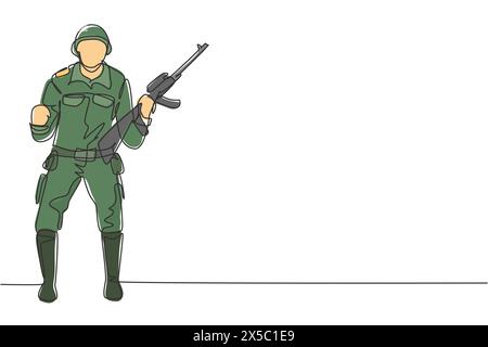 Continu une ligne dessinant soldat se tient avec arme, uniforme complet, et célébrer le geste au service du pays avec la force des forces militaires. Chantez Illustration de Vecteur