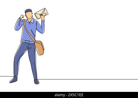 Facteur de dessin continu d'une ligne debout avec un geste de célébration, portant un uniforme, un sac et une enveloppe de maintien livrant le courrier à l'adresse de la maison. Singl Illustration de Vecteur