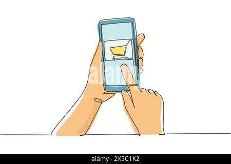 Mains de dessin continu d'une ligne tenant smartphone avec image de panier et écran tactile. Concept de style de vie numérique, Internet et gadgets. Si Illustration de Vecteur