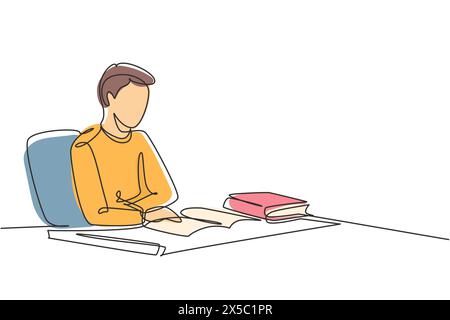 Simple une ligne dessinant jeune homme lisant, apprenant et assis sur une chaise autour de la table. Étudiez dans la bibliothèque. Étudiant intelligent, concept d'éducation. Conti Illustration de Vecteur