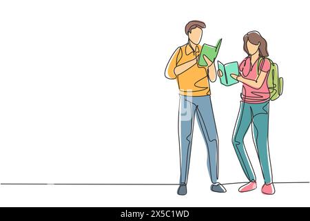 Dessin de ligne continue simple couple femme et homme lisant ensemble, apprenant et debout à la bibliothèque. Amoureux de littérature, concept éducatif. Dynamique Illustration de Vecteur